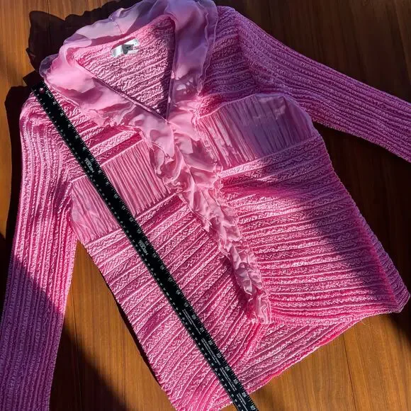 Y2K Vintage WD.NY Women’s Pink Top Textured Mesh Ruffle Blouse Top Size M - Picture 5 of 8